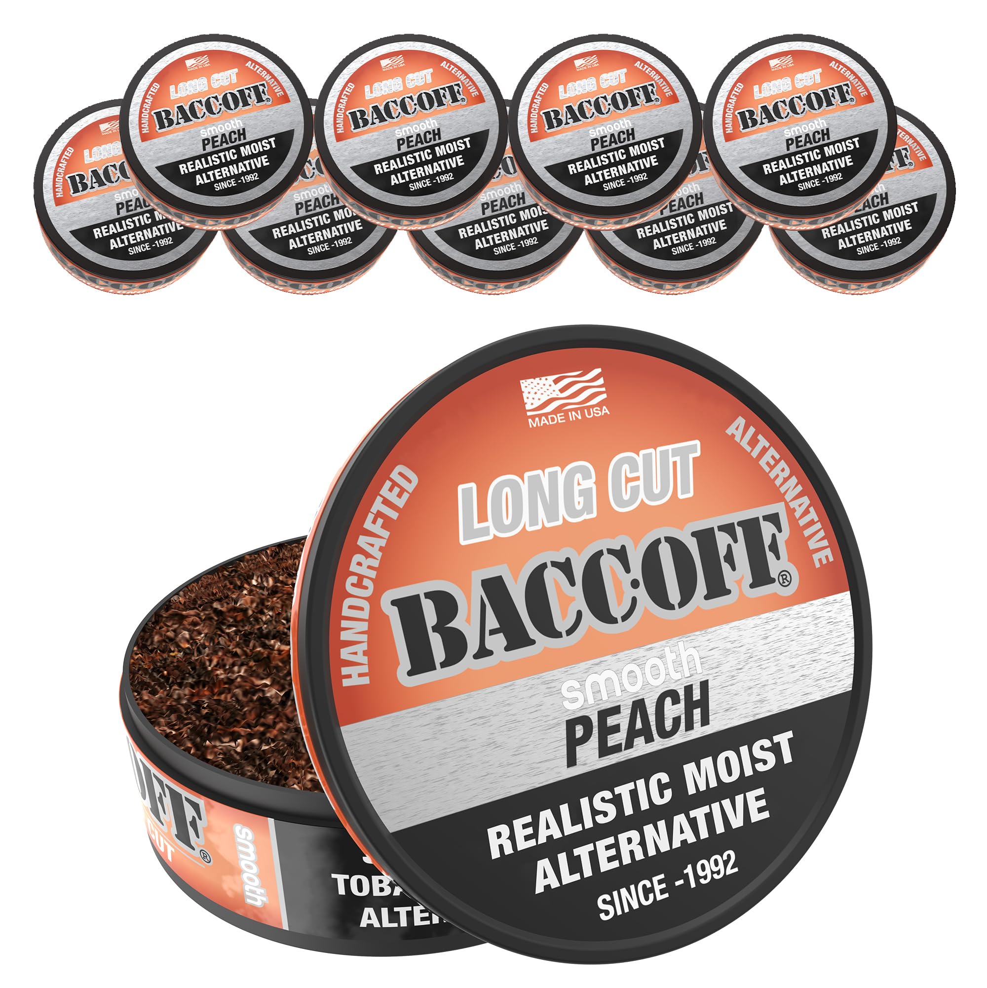 Sponsored Ad - 10 Cans, BaccOff, Smooth Peach Long Cut, Sweet Tea Base with Tart Peach Undertones, Realistic Moist Alternative