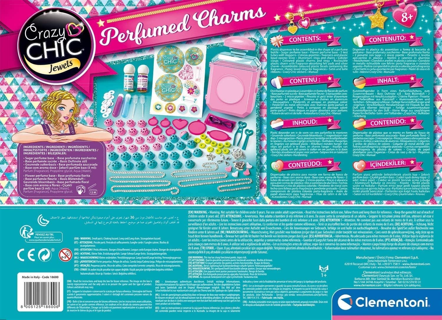 Clementoni 18600 Crazy Chic – pachnąca biżuteria, kolorowa biżuteria dziecięca do samodzielnego wykonania, zestaw biżuterii do perfumowanych zawieszek, łańcuszków i bransoletek, dla dzieci od 8 lat
