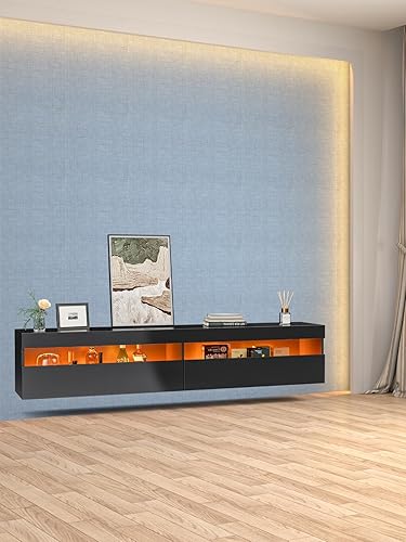 Miniatura 2 de longmaya Soporte de TV flotante de 70 pulgadas, moderno estante de TV colgante de pared con luces LED y armario de almacenamiento, centro de