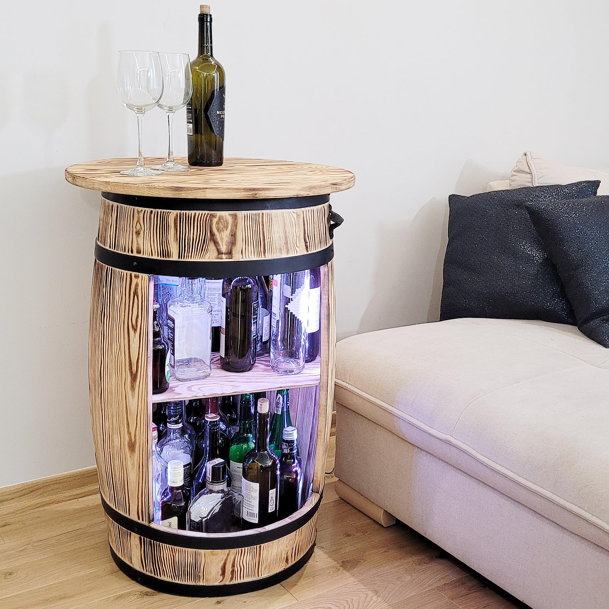 weeco Armadietto da bar con piano da tavolo e luci LED RGB – Tavolo Home Bar – Montabile – Scaffale in legno – Retro decorativo bar – Barile di legno con coperchio – Minibar Gin Whisky birra tavolo 80
