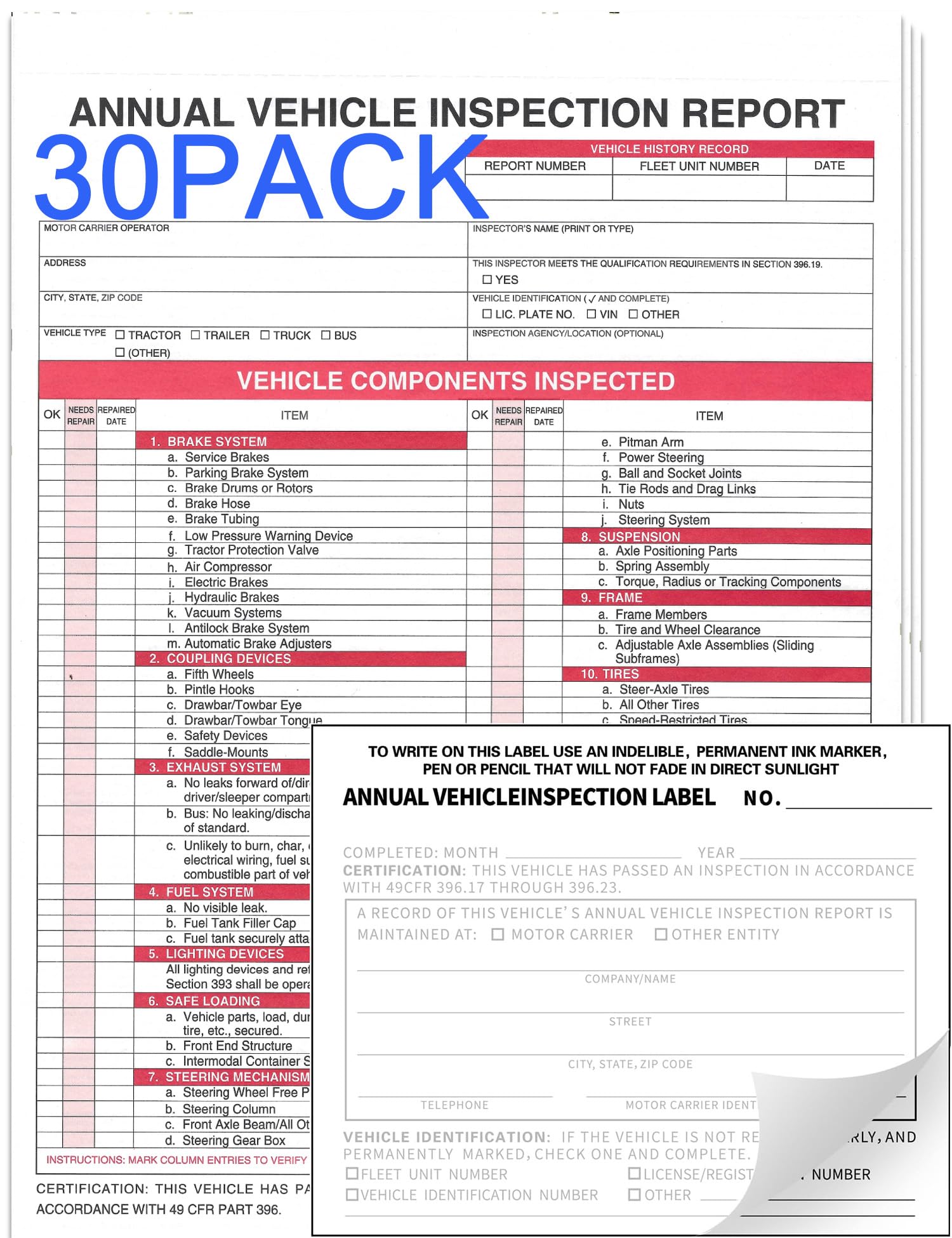 Annual Vehicle Inspection Report Form 30-pk 3-Ply Carbonless,Adhesive Vinyl Label 2-Ply