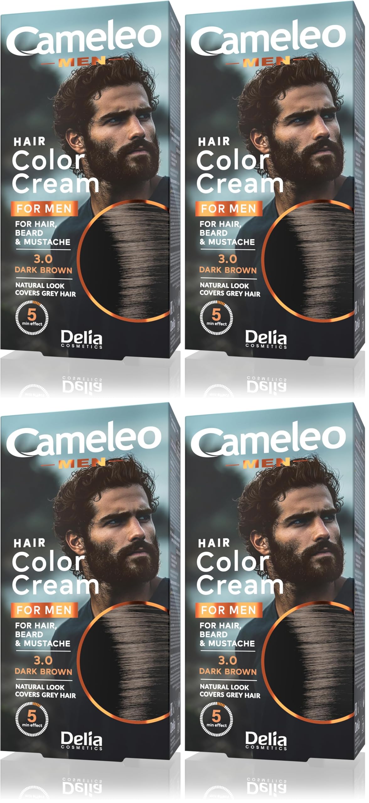 Cameleo Men - Tintura permanente per capelli | Colore Marrone Scuro delle orecchie, della barba e dei baffi | Effetto colore naturale in 5 minuti | Coprire i capelli grigi | 30ml (Confezione da 4)
