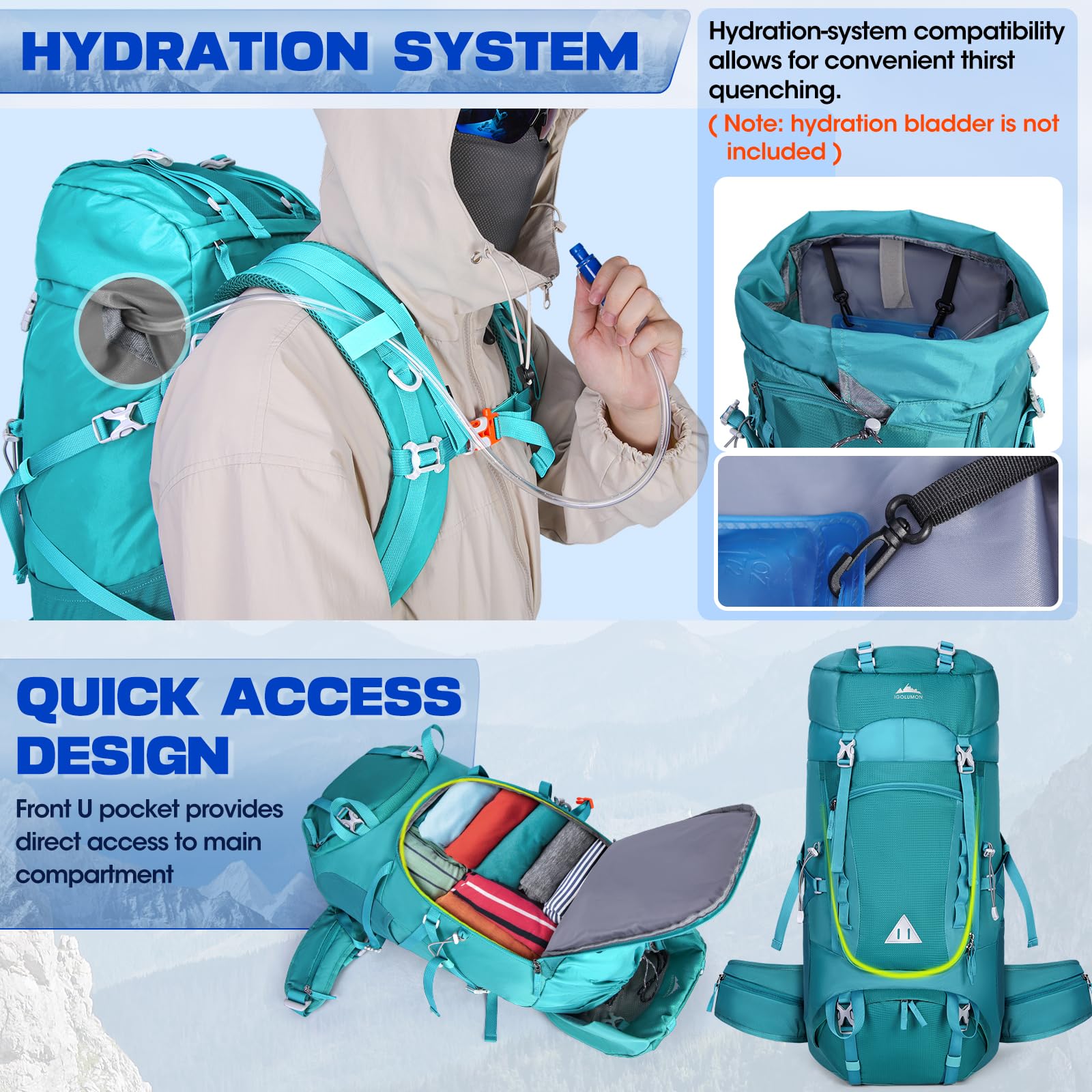 IGOLUMON Sac à Dos Randonnée 60L avec Housse de Pluie pour Homme Femme - Trekking, Camping, Pédestre, Voyage et Alpinisme