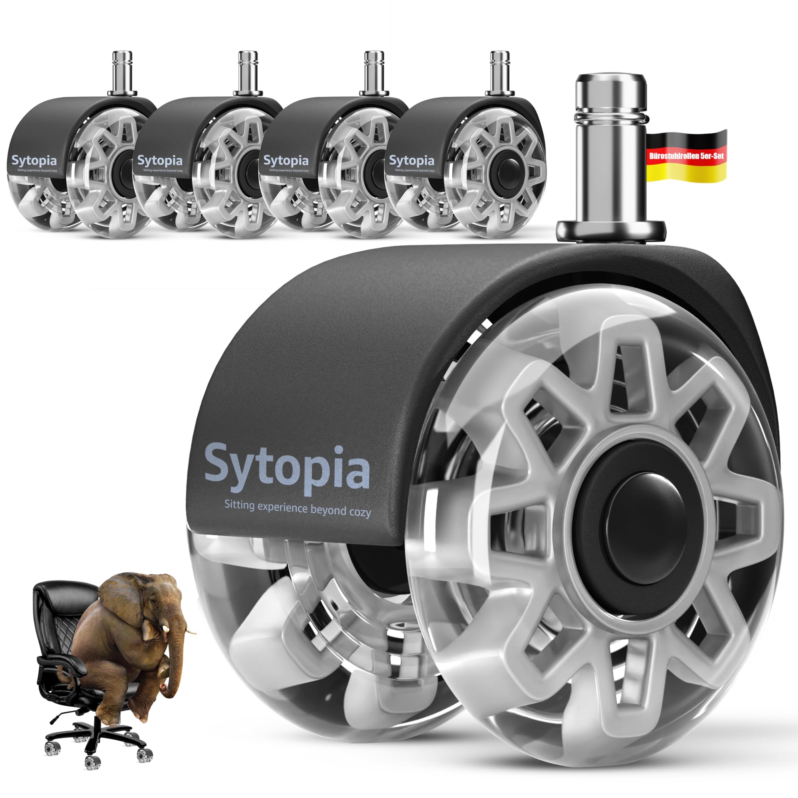 Sytopia Juego de 5 sillas de oficina con ruedas, 11 x 22 mm, grandes ruedas de goma para alfombras, suelos duros, parqué, perfectas para sillas (gris)
