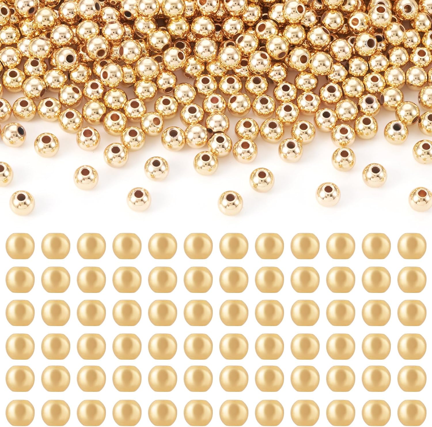 300 Pcs 5mm 14K Gold Spacer Beads for Bracelet Round Ball Seamless Brass Beads 1.5mm Hole Tiny Smooth Gold Filled Beads for Jewelry Making Earrings DIY Crafts