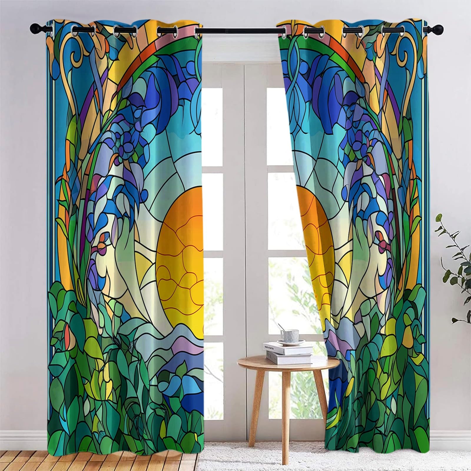 Blattkurvenmuster Teal Verdunkelungsvorhänge, 2er Set Thermovorhang mit Ösen, Blickdichte Gardinen H 260 x B 140 cm für Wohnzimmer Schlafzimmer