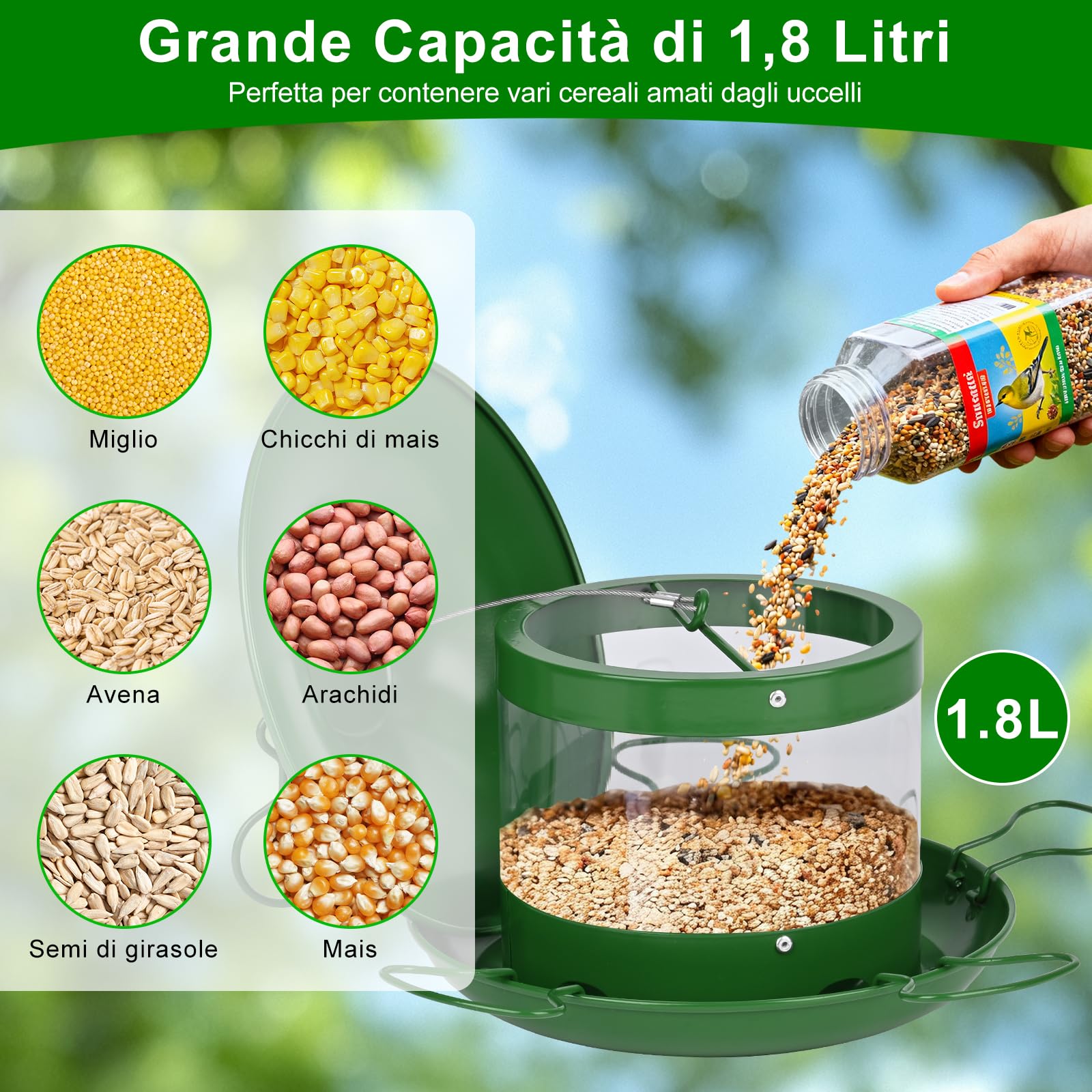 Mangiatoia per uccelli 1.8L da esterno Hanging Wild Bird Feeder per uccelli selvatici