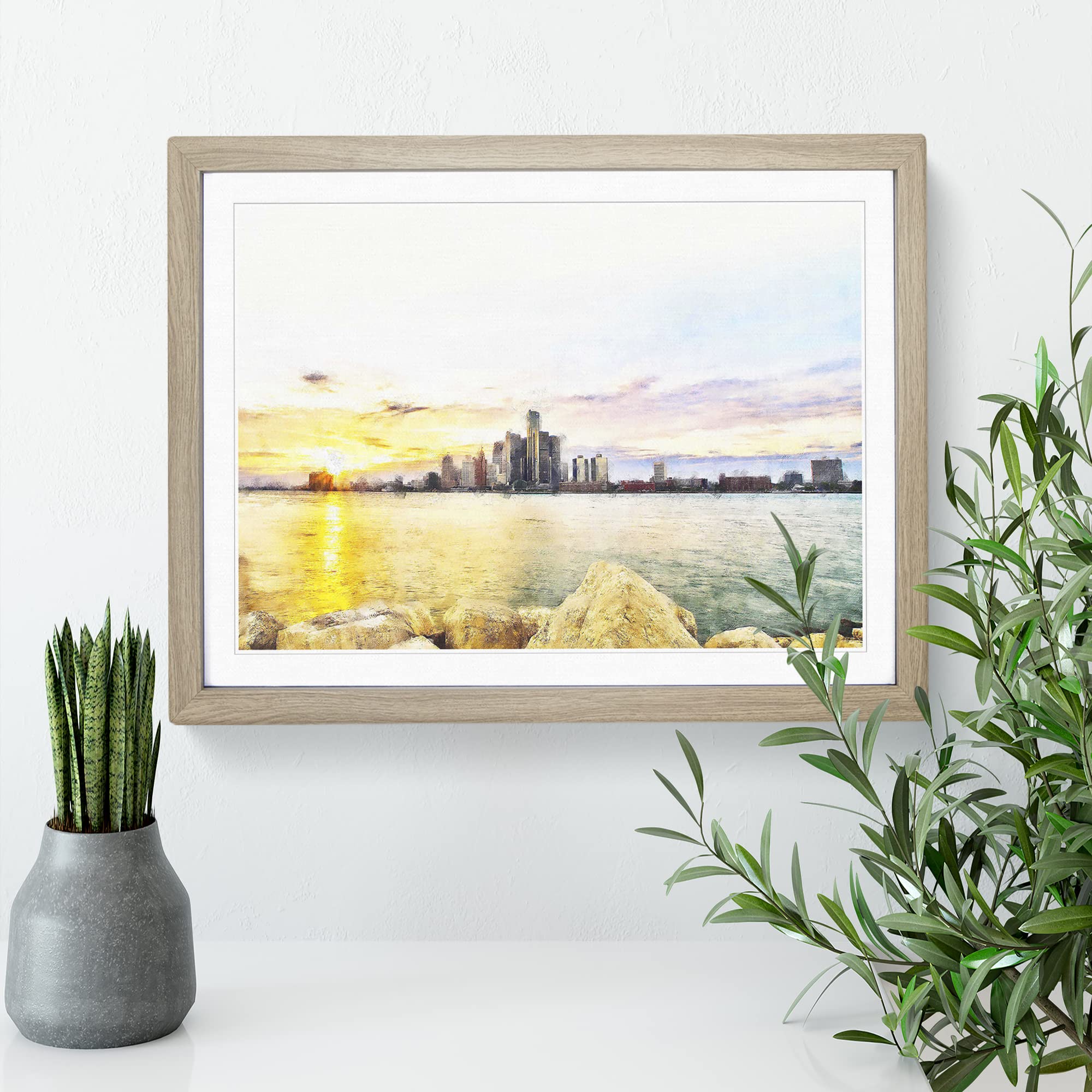 Sunrise Over The Detroit Skyline Painting Modern Art Framed Print, Oak, A3 (46 x 34 cm) - Image 3