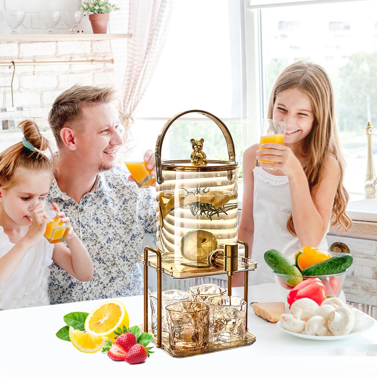 Getränkespender aus Glas,CEIEVER Eisgetränkeglas mit Zapfhahn aus Edelstahl und Ständer Wasserspender Glasbehälter für kalte Getränke mit 4 Gläsern Limonaden-Getränkespender für Partys (3000ML)