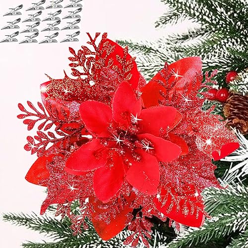 18 flores de Pascua de Navidad con purpurina, decoraciones de nochebuena roja para adornos de árbol de Navidad