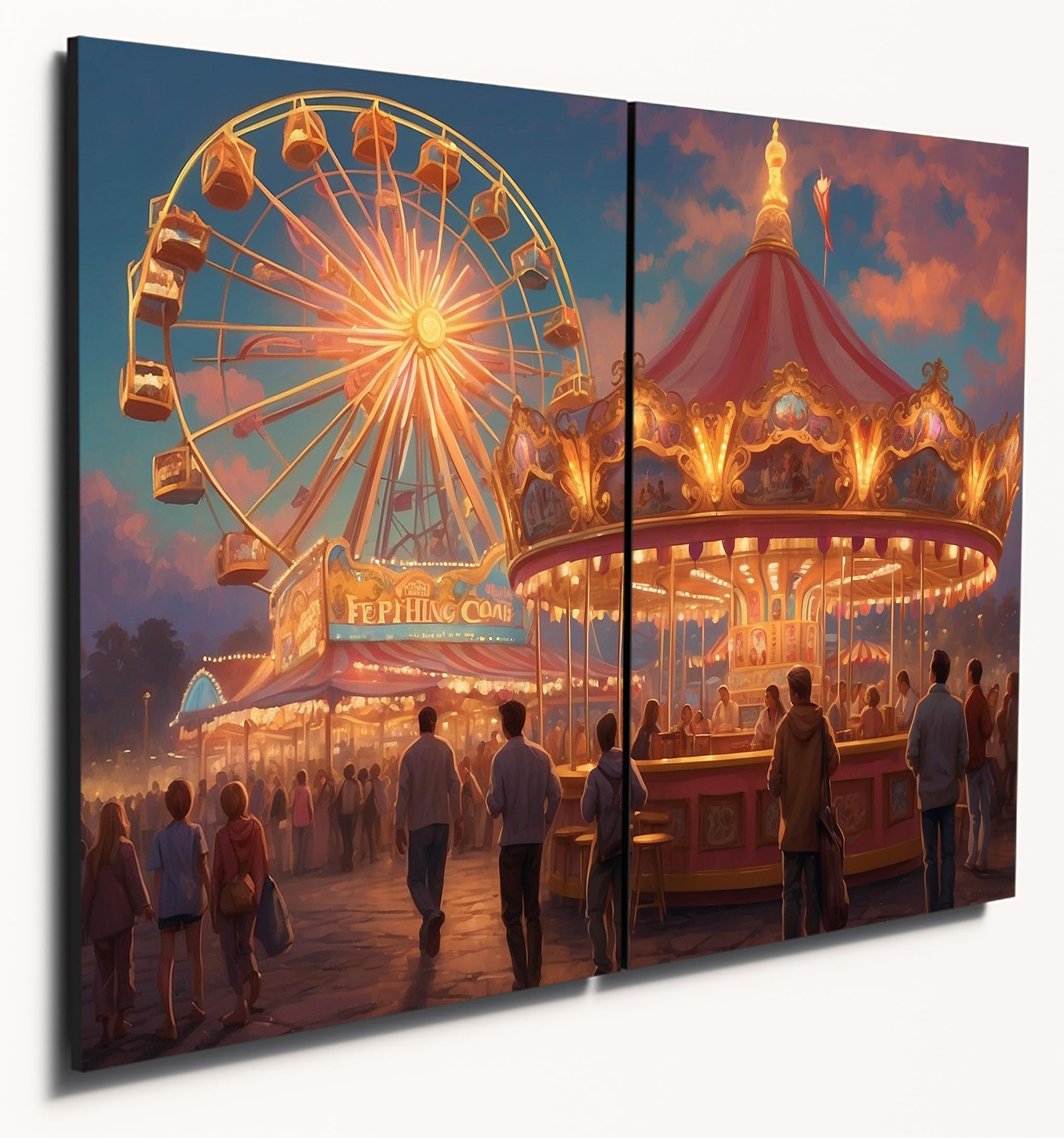 The Plum Penguin Twilight Carnival Funfair Scene Wall Art, A4 Twin Set, Printed on 6mm MDF Wood Canvas Alternative 40 x 30cm