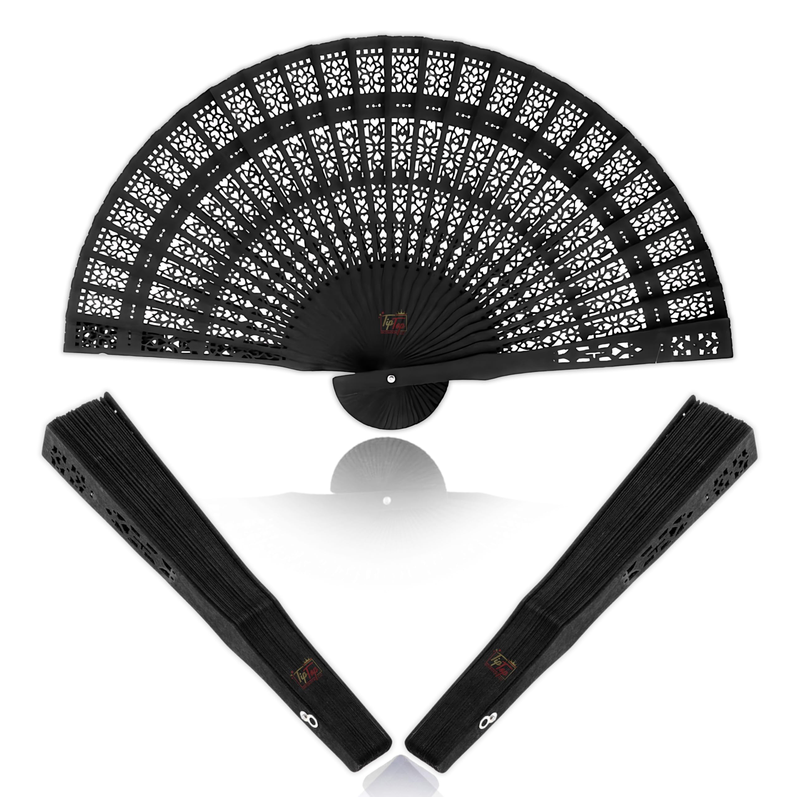 TIPTOP DECORATION Premium Traditional Dyed Folding Wooden Hand Held Fan (Coal Black, Pack Of 1)