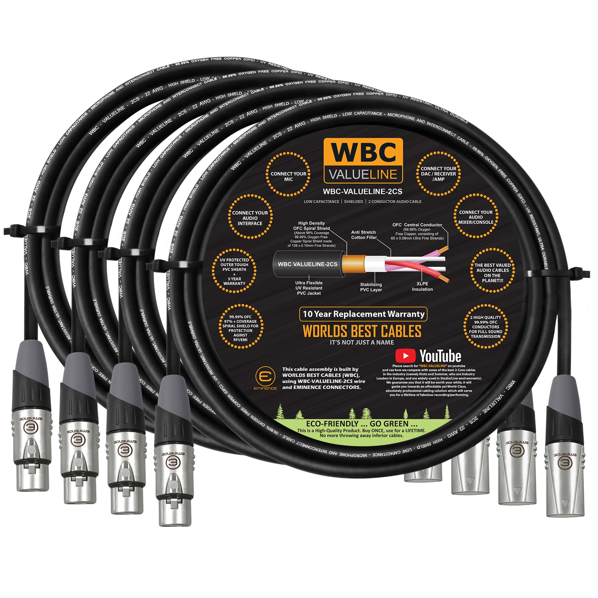 WBC-VALUELINE-2CS (22 AWG) - 4 Units - 2 Metre–Low-Capacitance Shielded Balanced Flexible Microphone, Active-Speaker & Interconnect Cables with Eminence Gold XLR Connectors