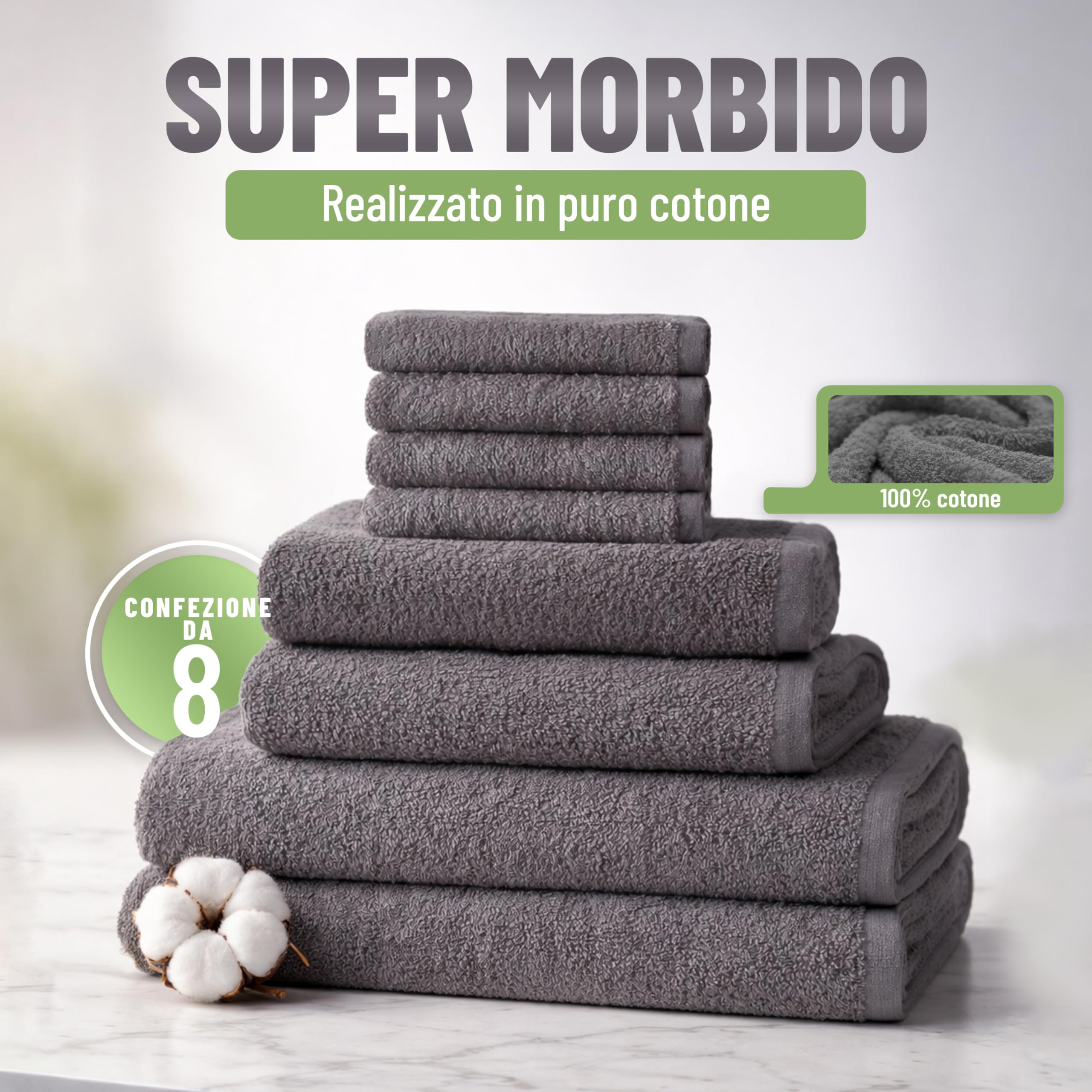 NatureMark set asciugamani 8 pezzi 100% cotone – 4 asciugamani ospite, 2 viso, 2 teli doccia, set bagno, Grigio Antracite – 30x50, 50x100, 70x140 cm