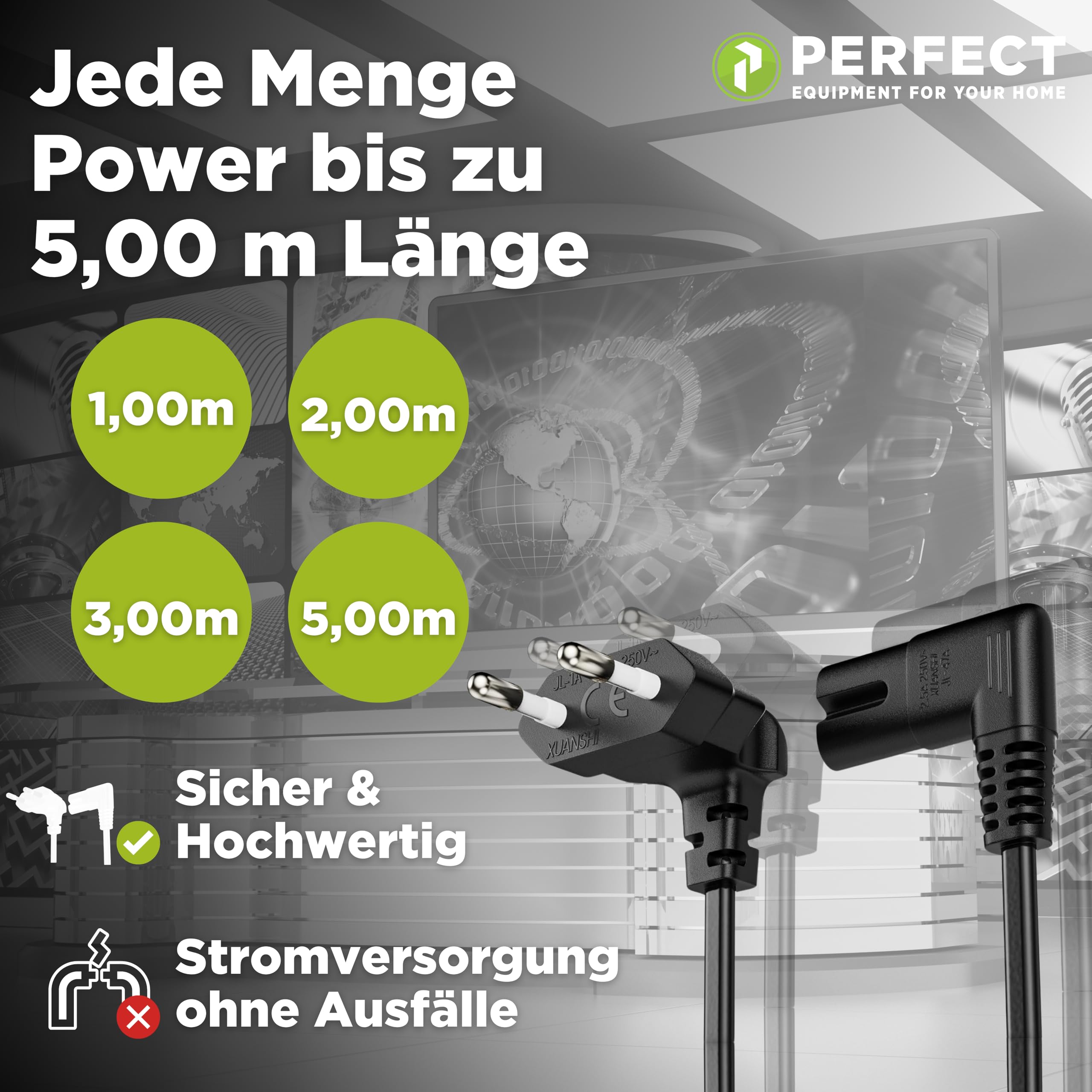 Perfect kabel zasilający, 2-biegunowy, 3 m, wtyczka euro typu C na Euro 8, gniazdo IEC C7, kąt 90°, zasilacz sieciowy do urządzeń gospodarstwa domowego, PS3, PS4, PS5, TV i wielu innych