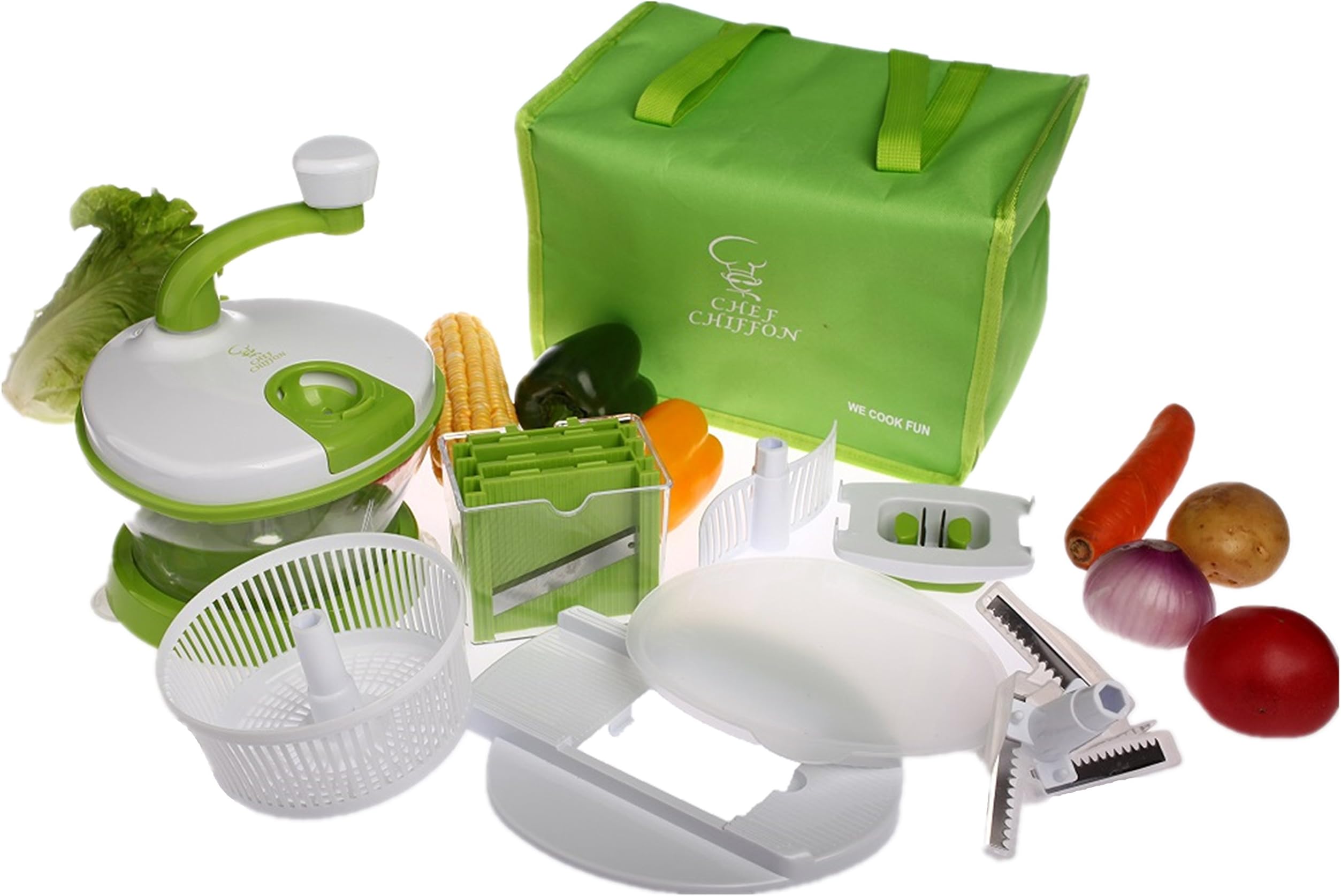 All-In-One Kitchen Manual Hand Operated Food Processor Prep Machine - Salad Spinner, Mixer, Beater, Blend, Chop, Slice, Shred, Julienne, Juice (Include Bonus Lunch Cooler Bag)