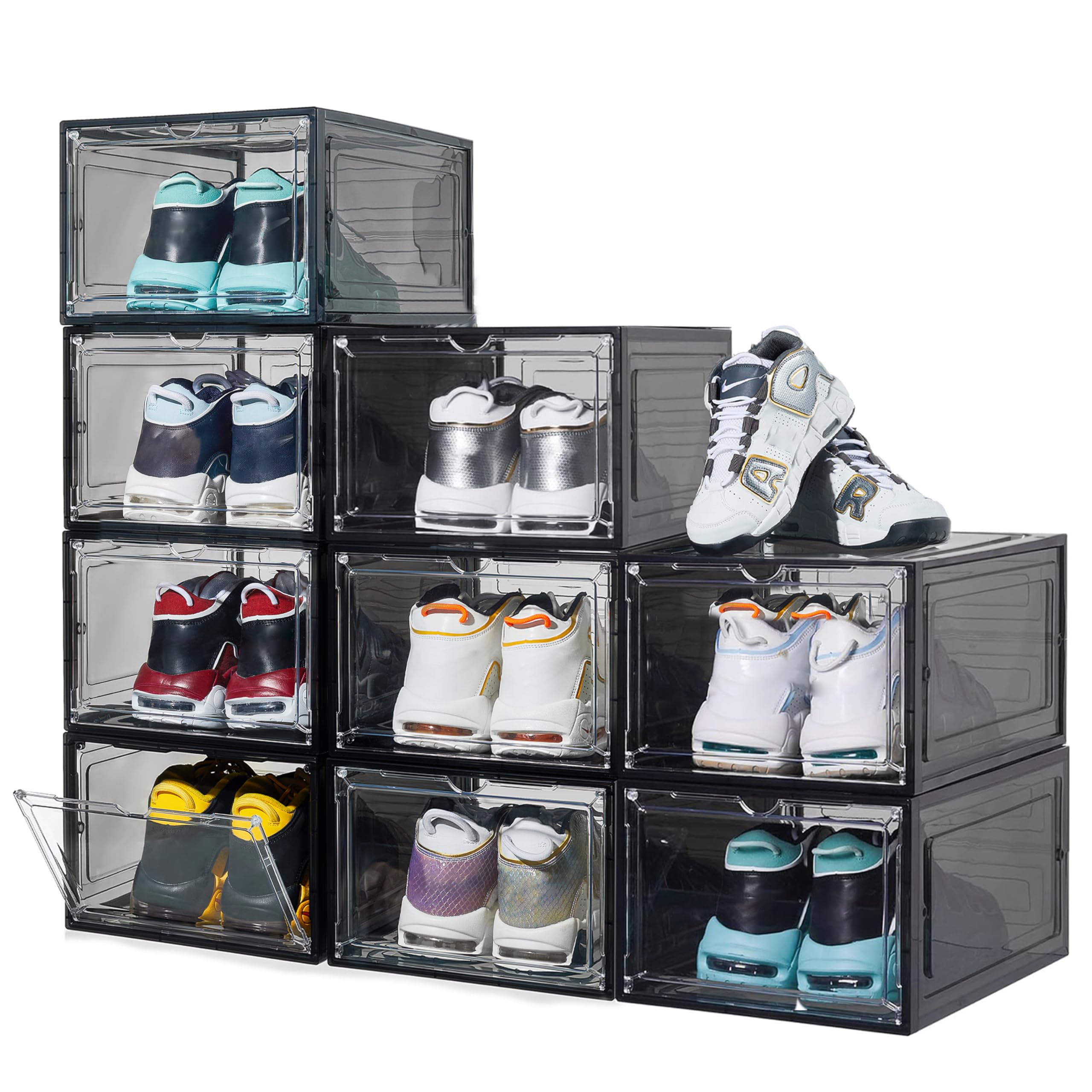 Paquete de 9 cajas de zapatos extragrandes, gruesas y resistentes con puerta magnética transparente, organizador de zapatos apilable con plástico sólido, caja de zapatos frontal caída para exhibición