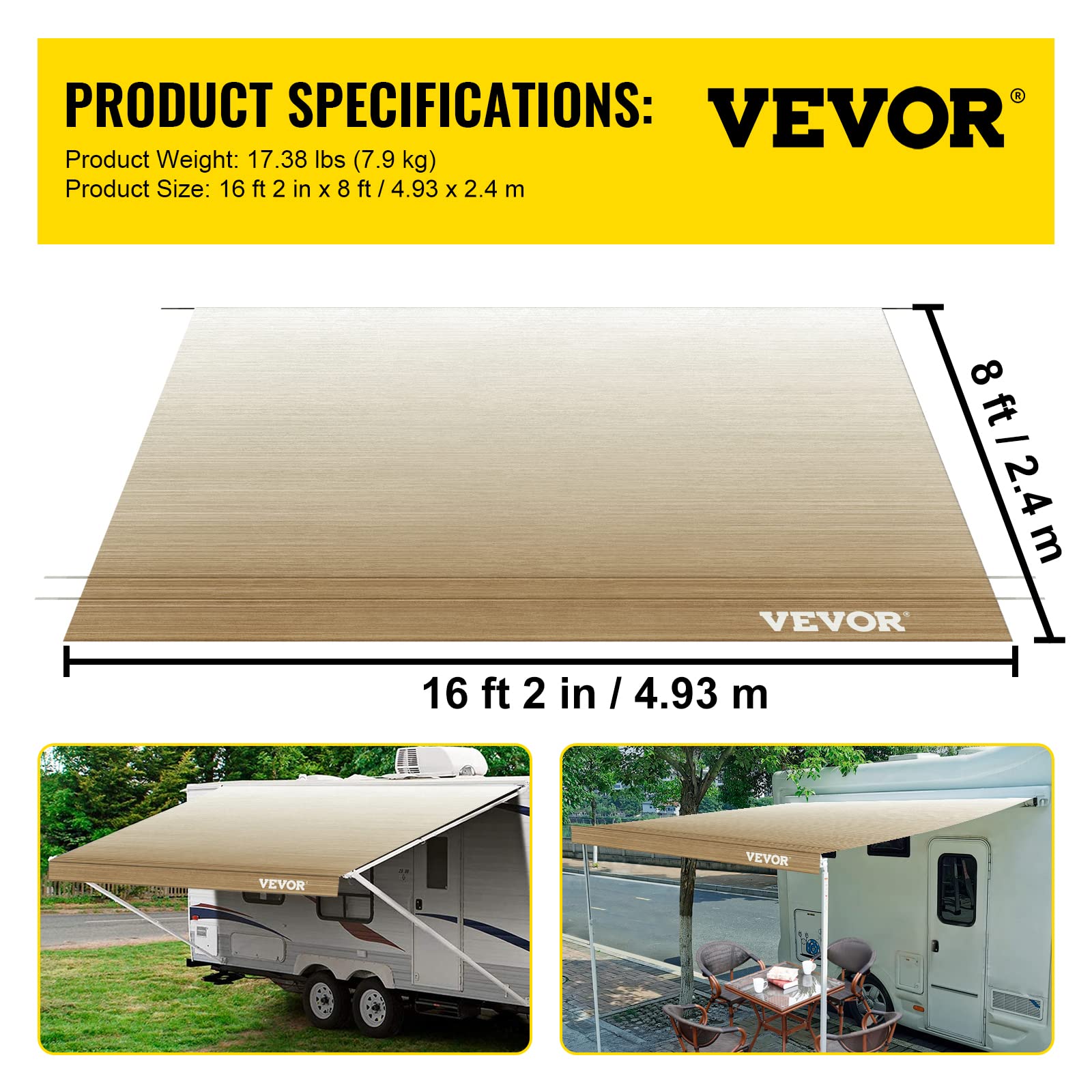VEVOR RV Awning 17 ft, Awning Replacement Fabric 16'2", Brown Fade RV Awning Replacement, 15oz Vinyl Material Replacement Awning, Sun Shade and Waterproof Camper Awning Replacement Fabric