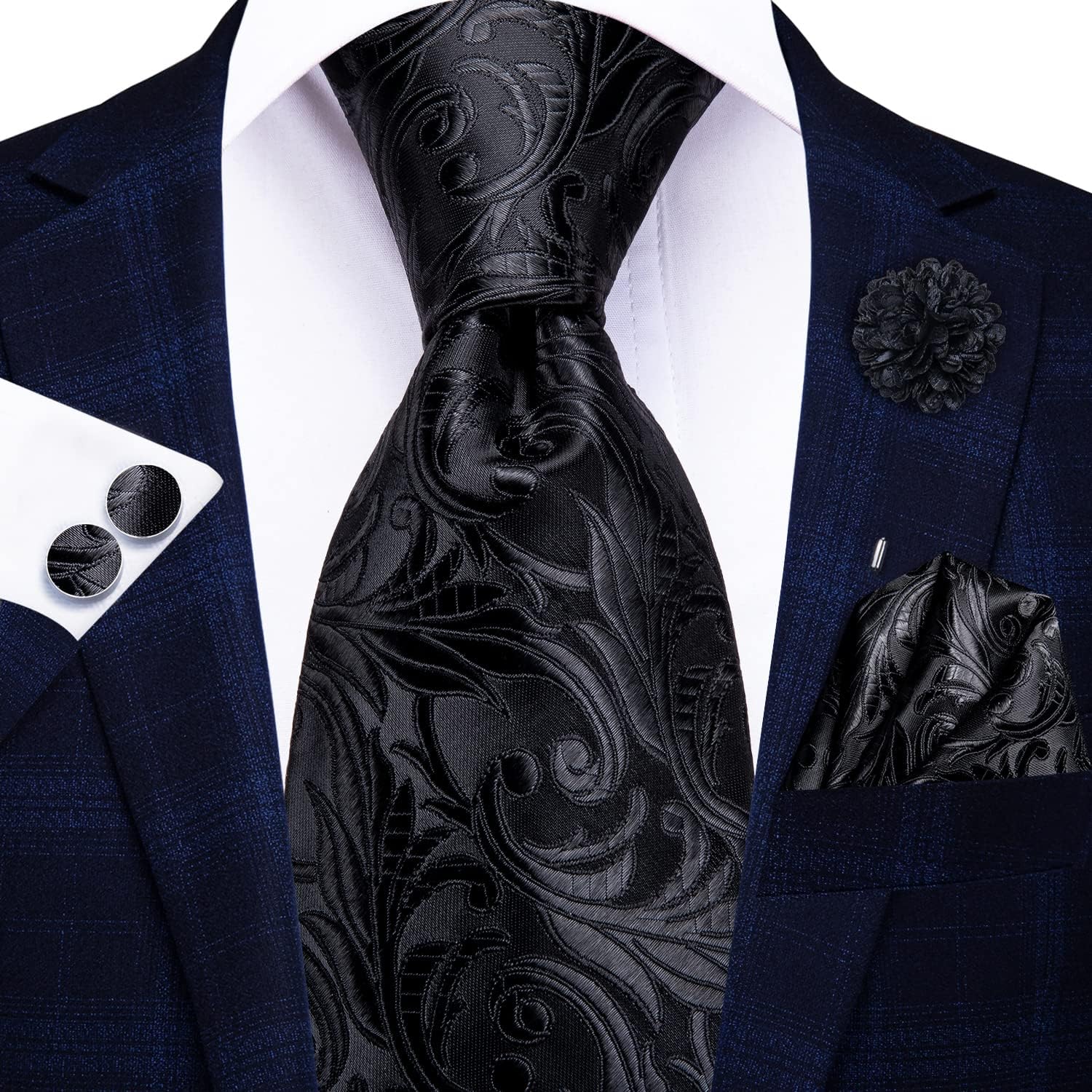 Hi-Tie Men Ties Sets Silk Stripe Paisley Necktie Pocket Square Cufflinks for Business Wedding - Image 3