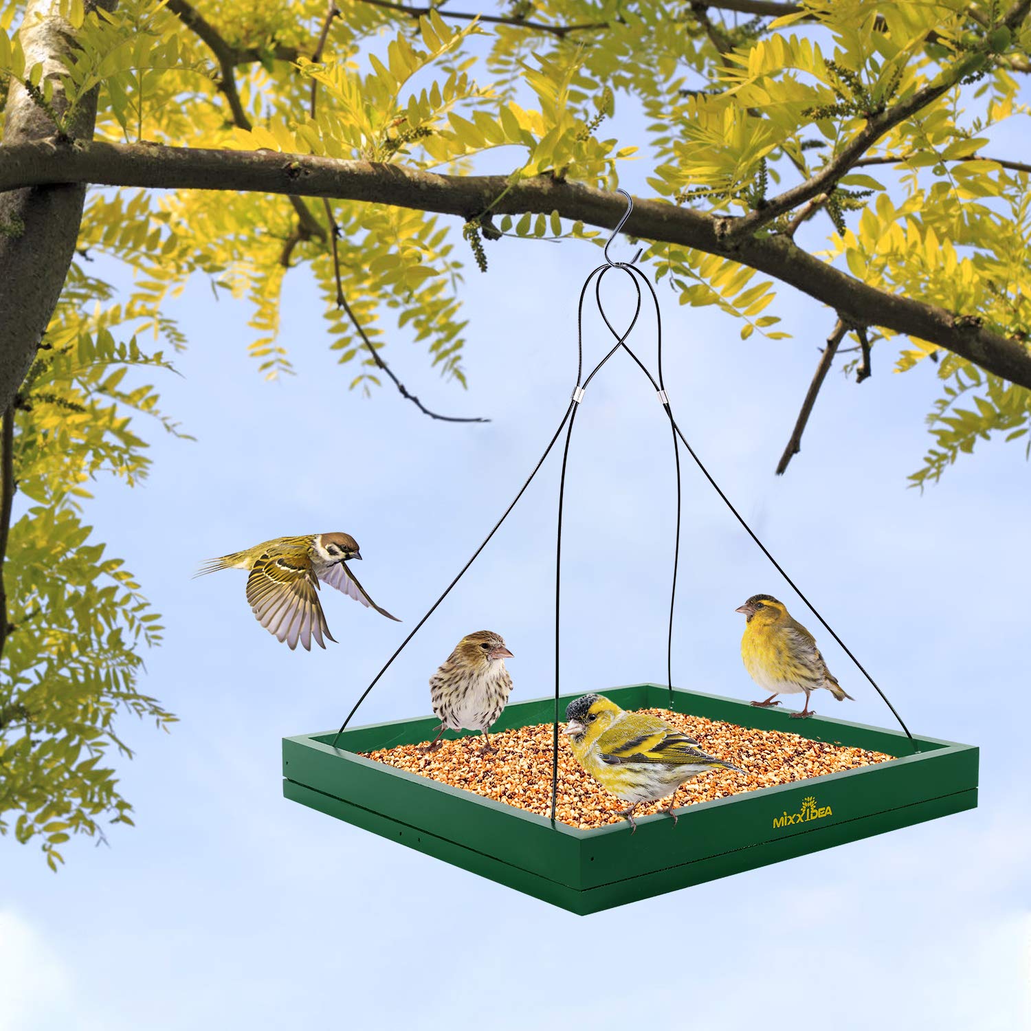 MIXXIDEA Comedero para ardillas, plataforma de madera, comedero de pájaros salvajes, plataforma de malla para decoración exterior de jardín (verde-1 unidad)