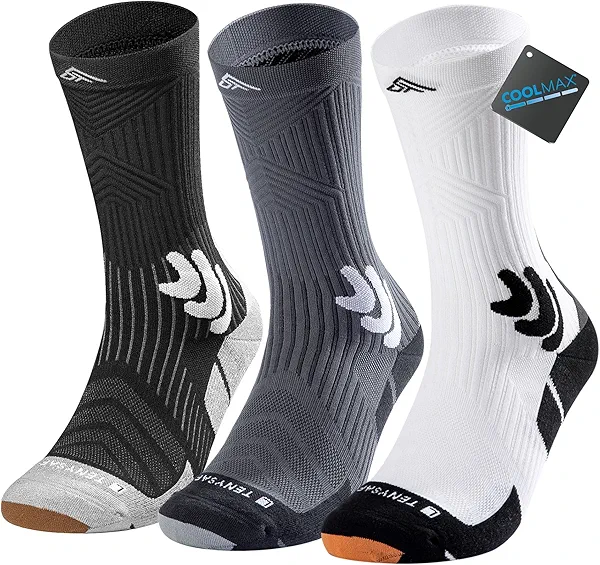 TENYSAF Men's Compression Running Socks: Coolmax Athletic Crew Socks Moisture Wicking Anti-Blister Cushion for Hiking 3 Pairs