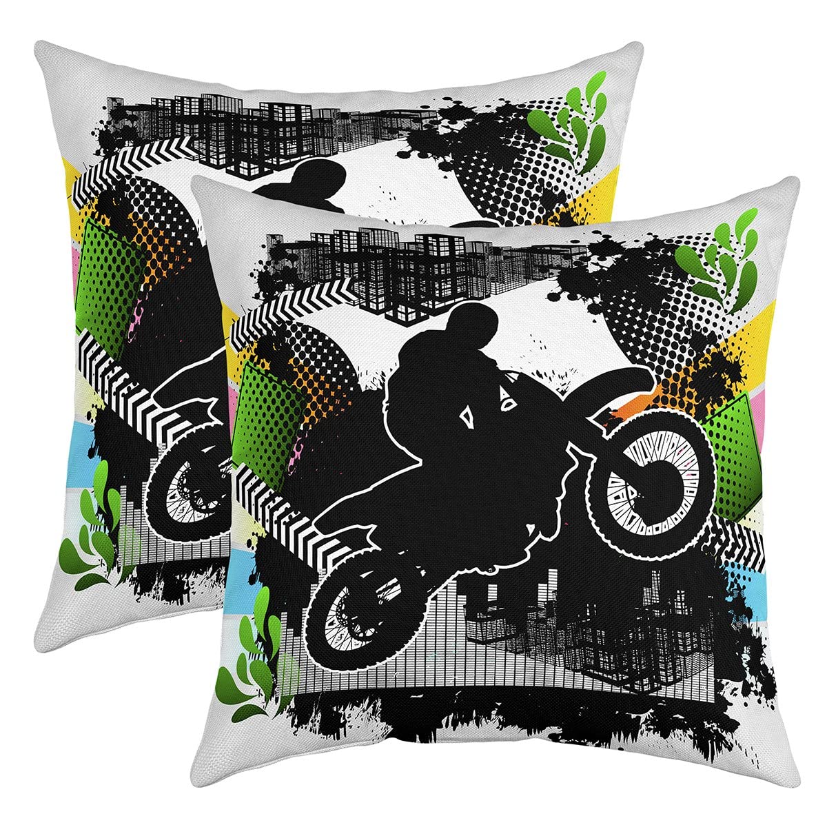 Dirt Bike Throw Pillow Covers Soft Square 22"x22" Extreme Sports Cushion Case Home Decor Set of 2 Racing Motocross Rider Grunge Art Black Pillow Cases Pillowcases for Living Room Bedroom Bed Chair — image 1