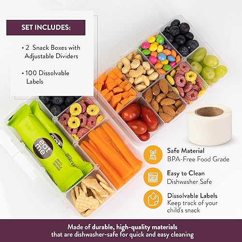 Miniatura 3 de Juego de cajas de aperitivos para niños, 8 compartimentos, solución reutilizable para aperitivos con 100 etiquetas solubles, fácil de limpiar, apto