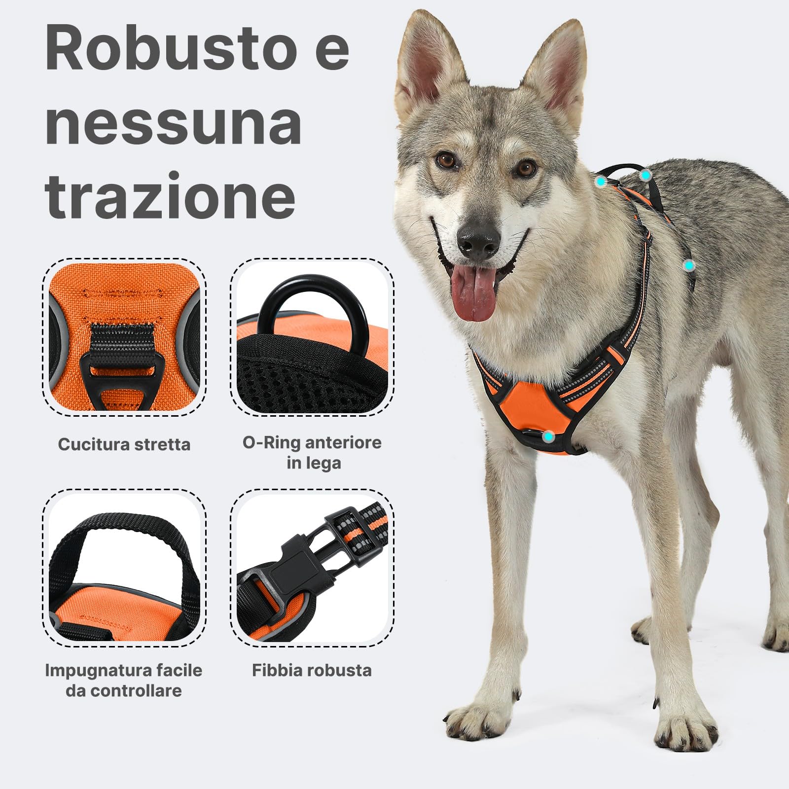 COMSLE Pettorina Cane Taglia Grande Media Piccola, Pettorina per Cani Anti Tiro Riflettente, Imbracatura Regolabile Cani con 2 Ganci in Metallo per Addestramento Corsa (Arancione, L)
