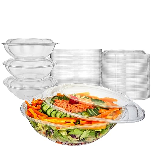 Stock Your Home 64oz Clear Plastic Salad Bowls with Lids Disposable (10 Pack) Extra Large Takeout Container with Snap on Lid for Fruit Salads, Lunch, Meal Prep, Acai Bowl, To-Go Party Containers