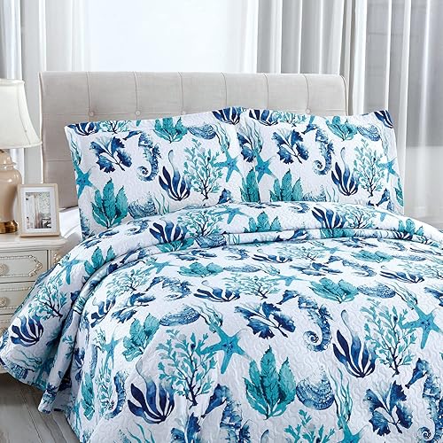 Miniatura 2 de Jarson Juego de colcha costera de verano con conchas y conchas marinas, tamaño King, colchas de playa ligeras de 3 piezas, ropa de cama reversible