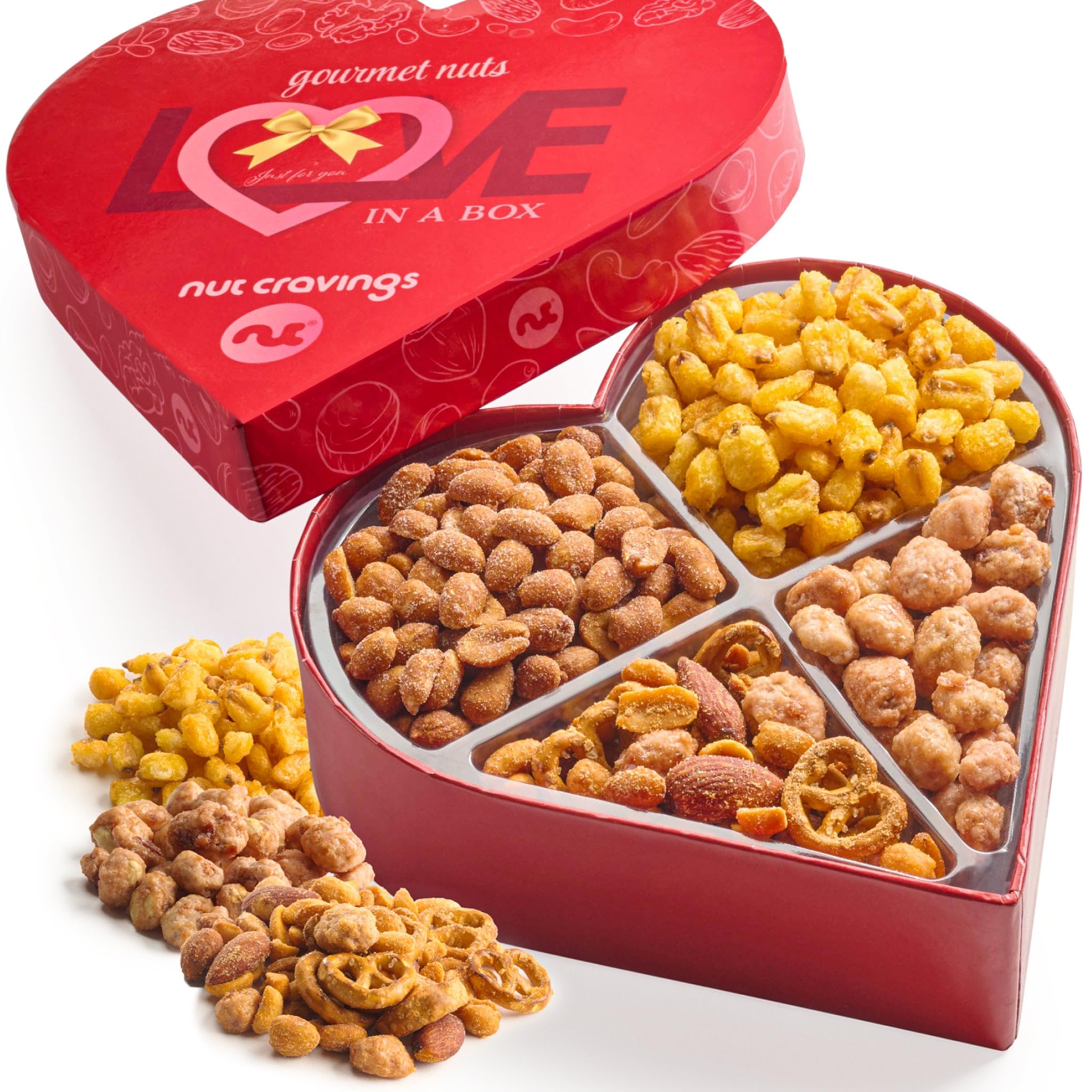 Valentines Day Mixed Nuts Heart Shaped Gift Basket, Love in A Box (4 Assortments) Romantic Food Arrangement, Healthy Snack Care Package, Food Assortments