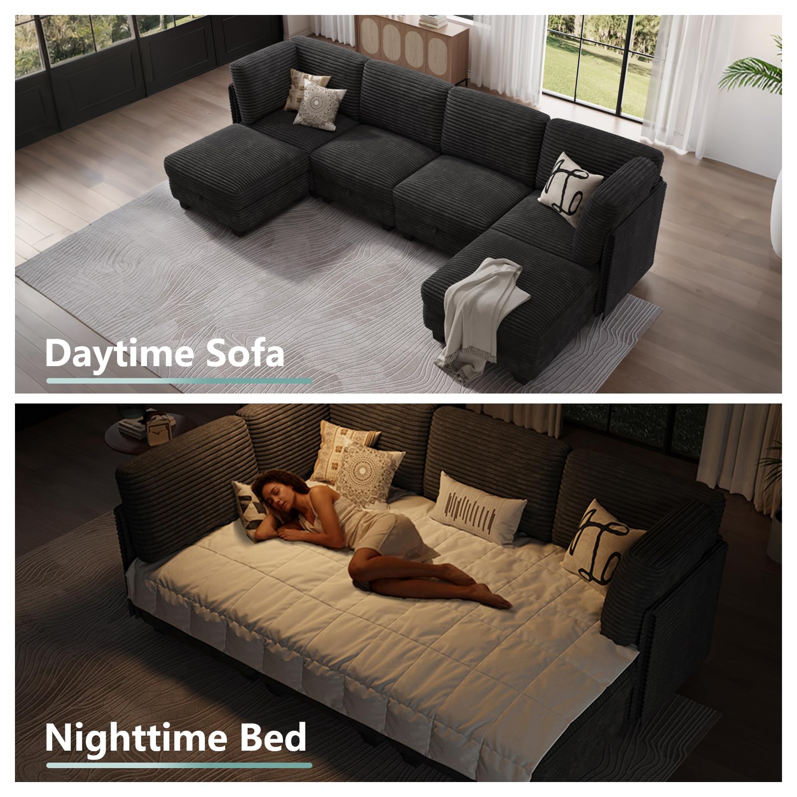 Modular Sectional Cloud Couch, Convertible Sleeper Sofa Bed for Living Room | Flexible L/U-Shaped Design, Freely Adjustable Backrest, Comfortable Foam Cushions, Sturdy Frame, Easy to Assemble, Black