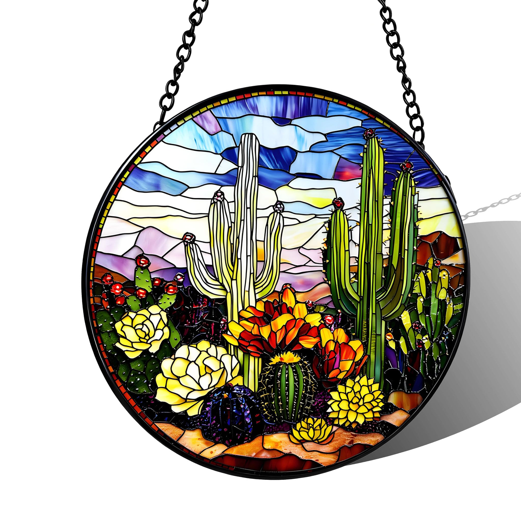 Stained Acrylic Puzzle Suncatcher,7.48in Cactus Printed Whimsical Outdoor Garden Decor