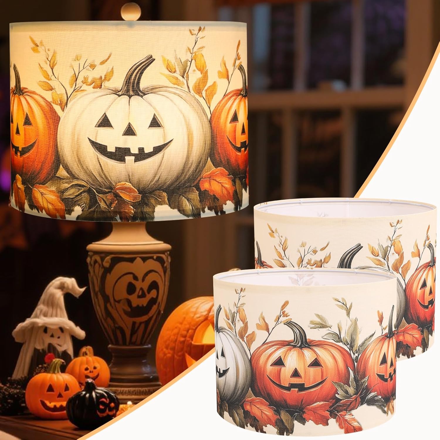 pumpkin lamp shades set of 2 for halloween decorations, linen printed fall decor lamp shade, halloween decor lampshade, lamp shades for floor lamps/table lamp, 13’’ lampshades fits spider/uno halloween pumpkin 13in-2 pack