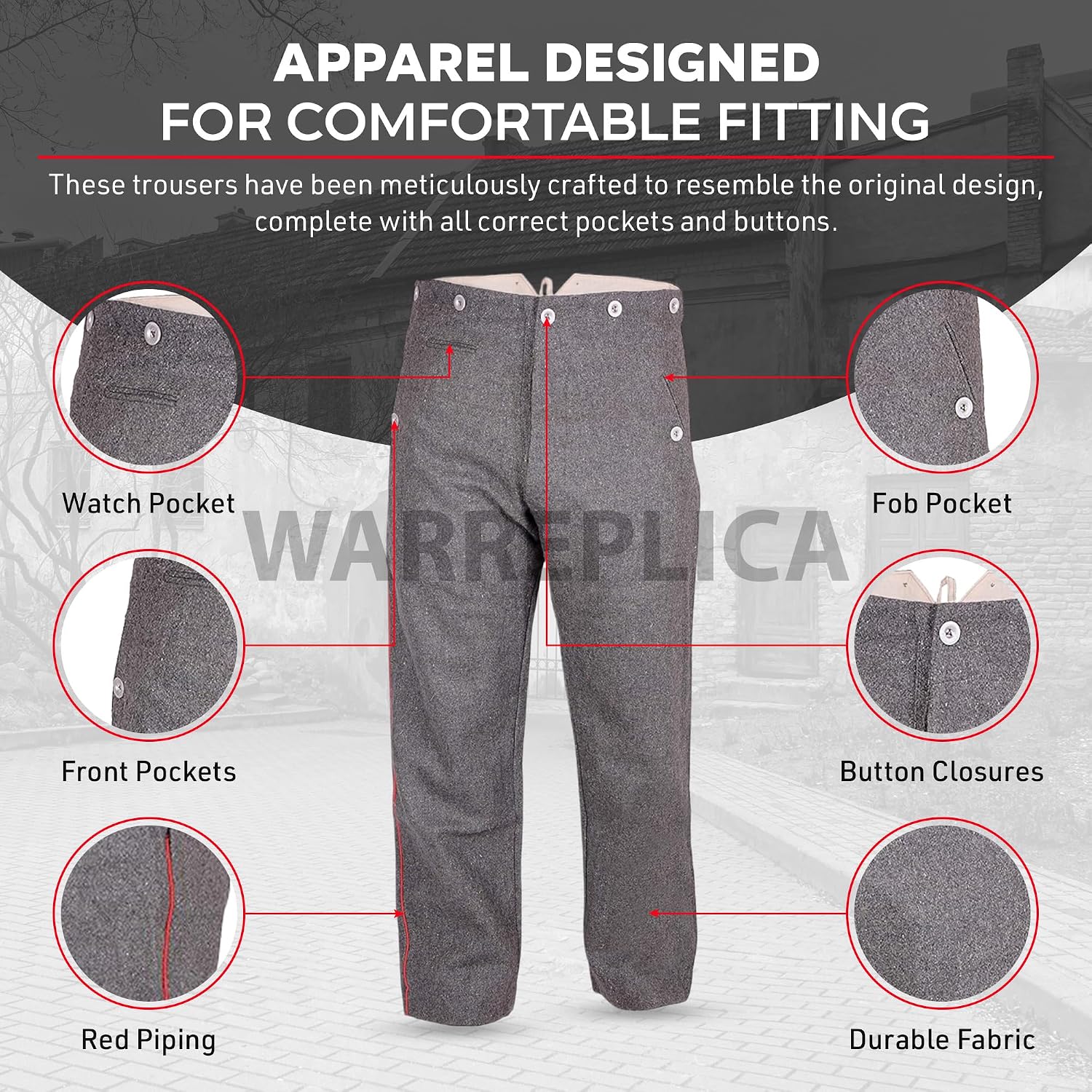 warreplica WWI Imperial German Soldier Uniform Model 1907/10 Field-Grey Wool Piped Trousers - Reproduction