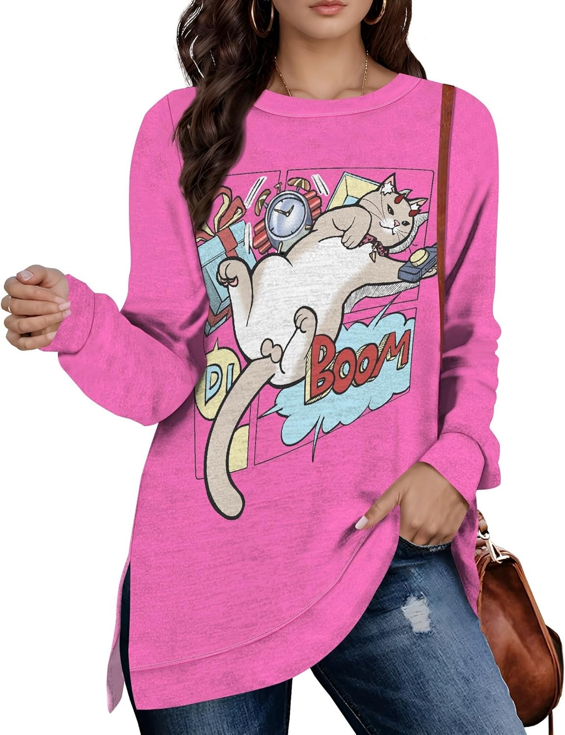 Fall Sweatshirts For Women Novelty Pullover Long Sleeve V Neck Sweatshirts Side Split Design Fashion Qutfits