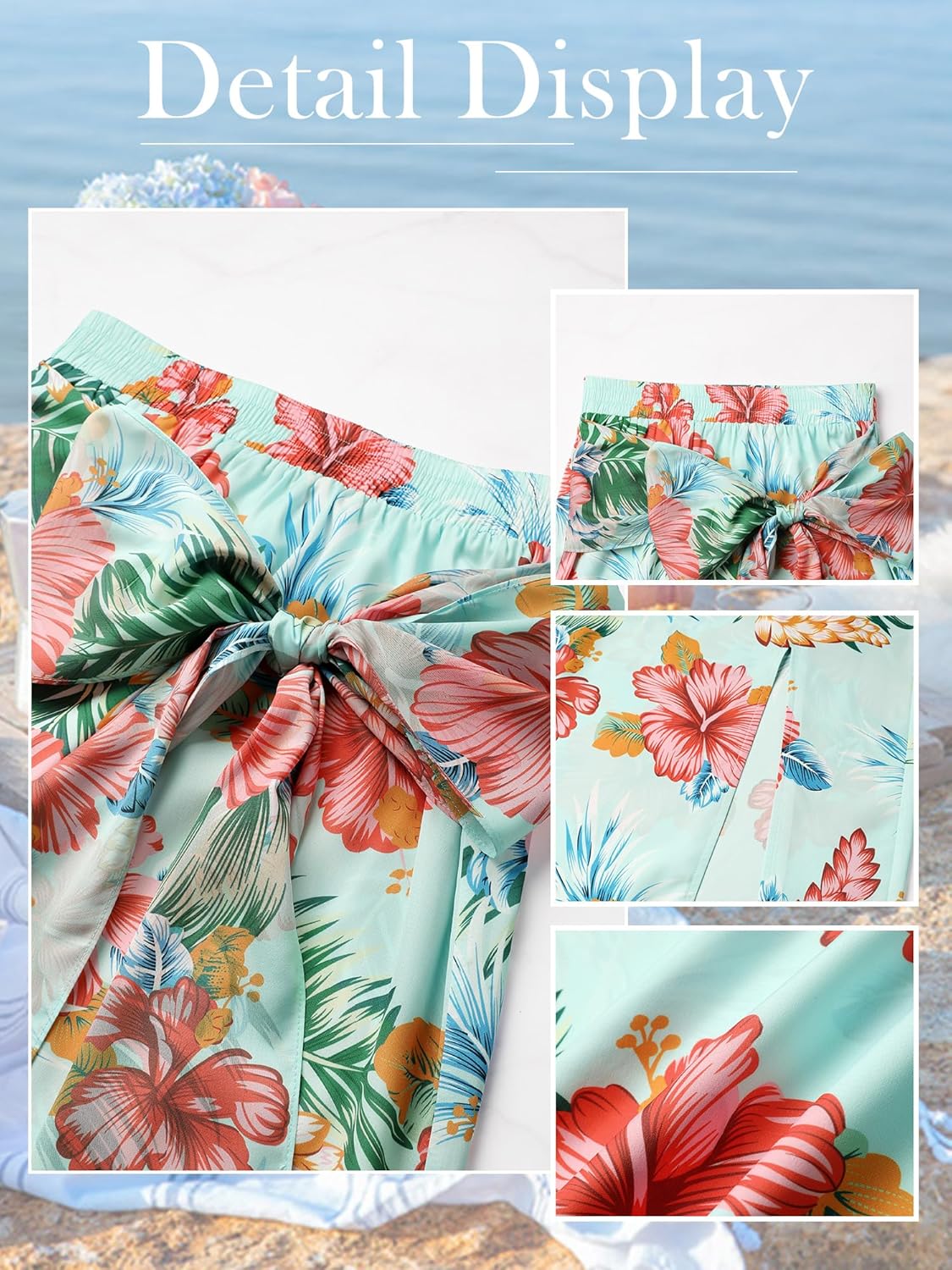 Ezcosplay Women Hawaiian Midi Skirt with Slit Tropical Floral Long Skirt Self Bow Tie Vacation Beach Split Skirts - Image 7