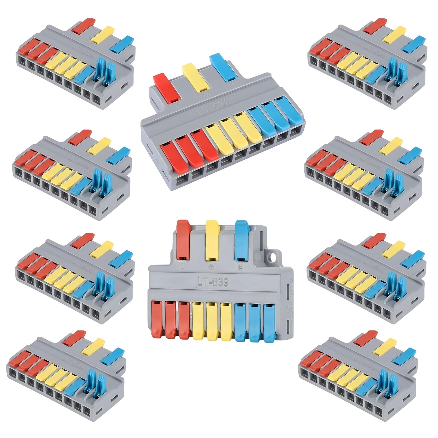 3 in 9 Out Quick Lever Push-in Electrical Wire Terminal Block, 10 PCS Wire Connector Splitter Distribution for Surface Wiring & Circuit Inline (0.08-6mm² Wire, 35-10 AWG, 250V, 35A)