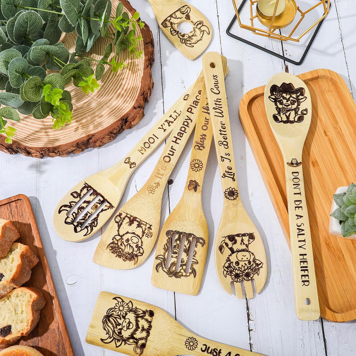 Whaline 7Pcs Sunflower Highland Cow Wooden Spoons Set Cute Sunflower Cartoon Cow Wooden Spoons Natural Burned Cooking Utensil Spoon for Home Kitchen Summer Decoration Supplies image 3