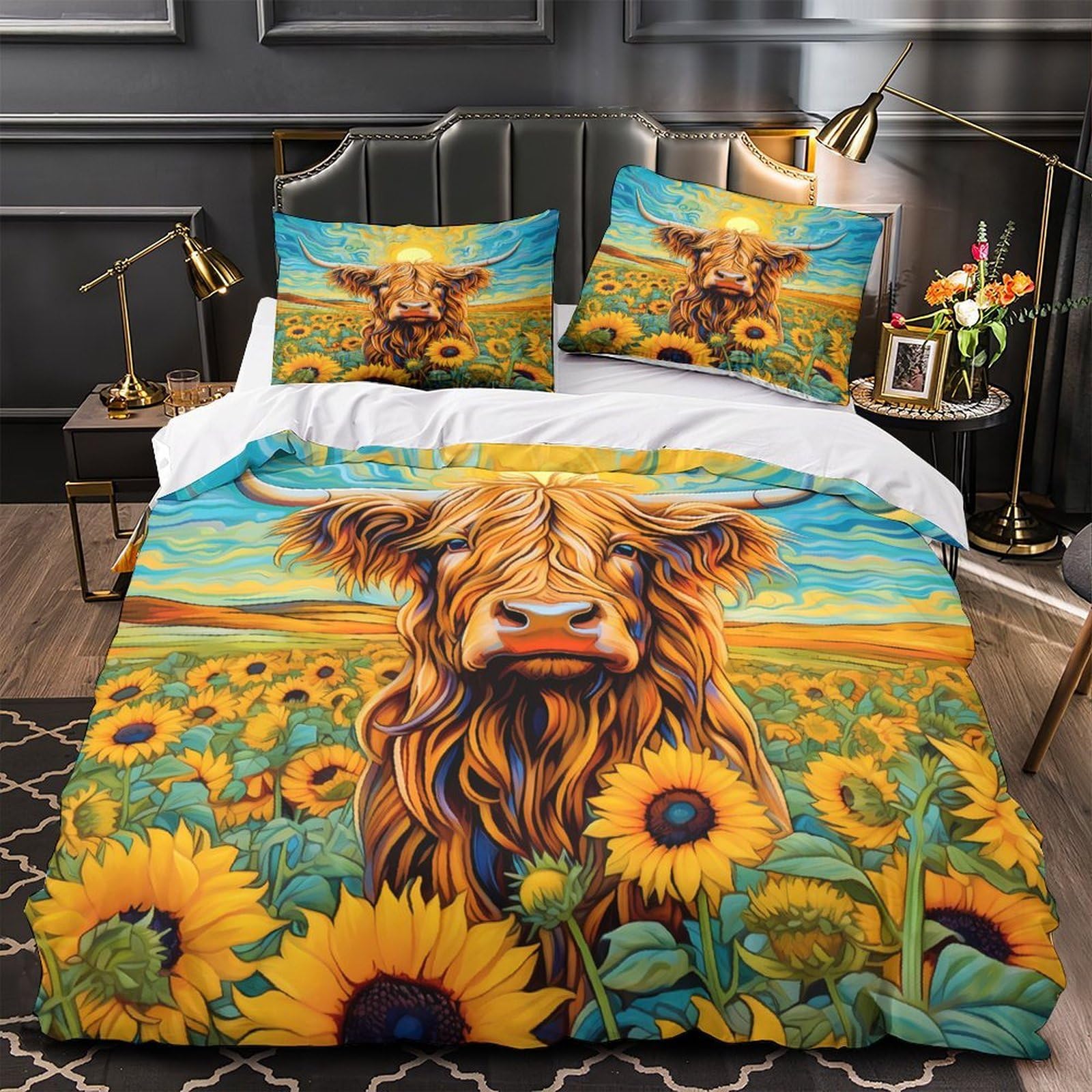 Parure de lit vache des Highlands en microfibre 135x200 cm avec housse de couette imprimée 3D