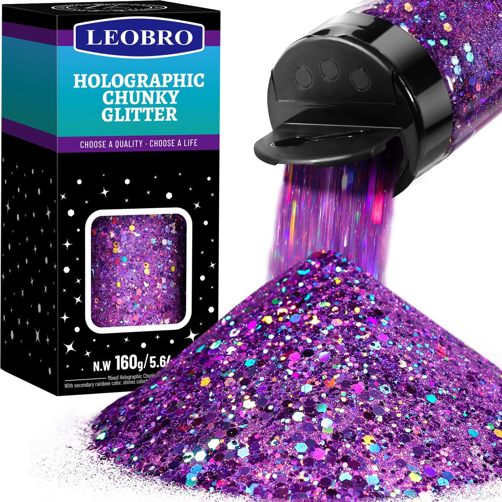 LEOBRO Purple Glitter, 160g/5.64oz Holographic Chunky Glitter for Crafts, Resin, Nail Body, Tumblers, Party Decorations
