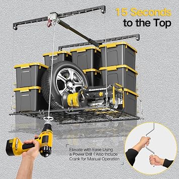 Garage Ceiling Storage Rack, 4x4 Ft Adjustable Overhead Garage Storage Rack Lift, Heavy-Duty Ceiling Mounted Storage Lift System for Garage Organization, 250lbs Weight Capacity