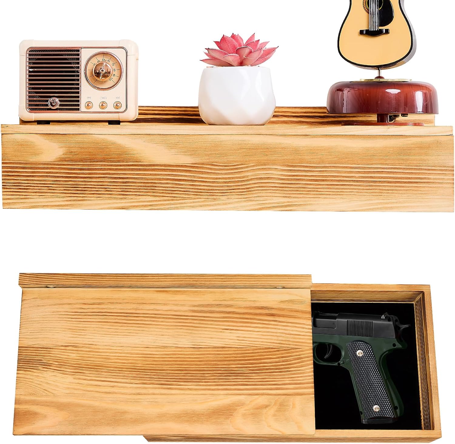 Hidden Gun Storage Shelf-14.4" x 7.7" x 2.75" Rustic Concealment Shelf Concealment Compartment Furniture Hidden Gun Safe Wall Decor for Home Security, Oak Color