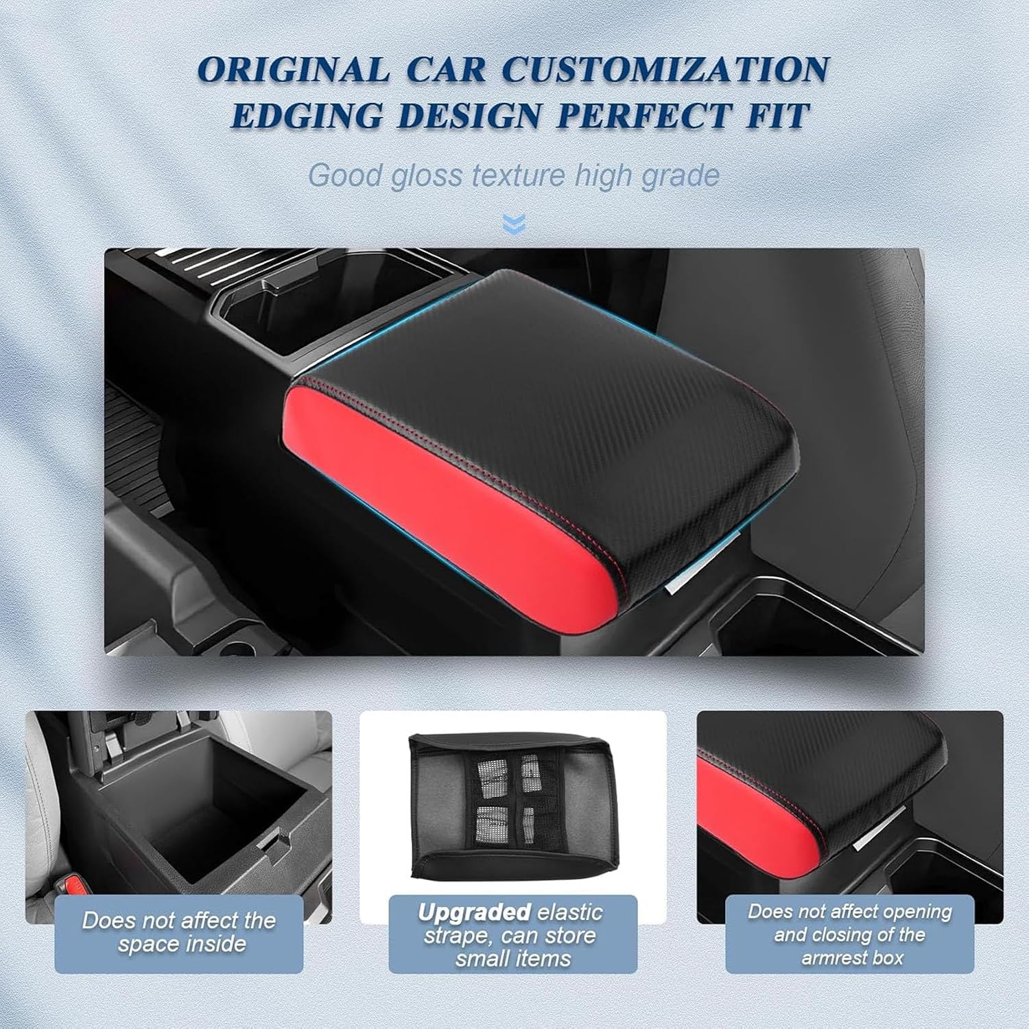 Compatible with Toyota Tacoma 2024+ Car Center Console Pad,Universal Waterproof Armrest Seat Box Cover, Car Interior Accessories, Auto Armrest Cover (Black Carbon Fiber + Red)