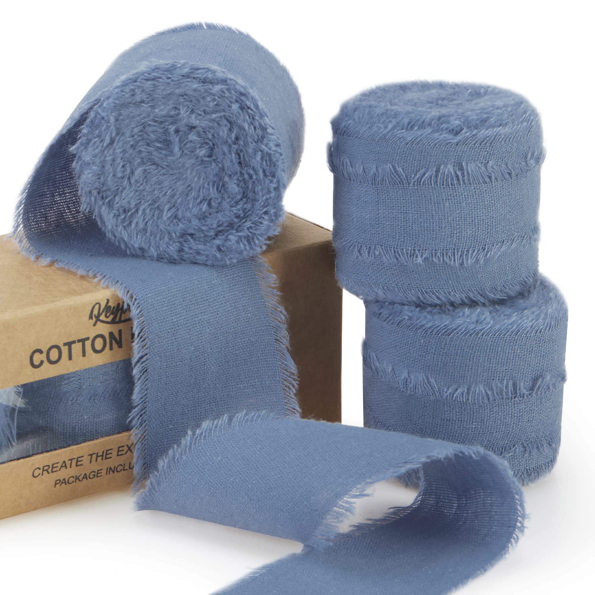 Keypan Cinta azul polvoriento para envolver regalos, cintas de flecos hechas a mano para manualidades, ramos de novia, invitaciones de boda, decoraciones de algodón, 3 rollos de 1.6 pulgadas x 5