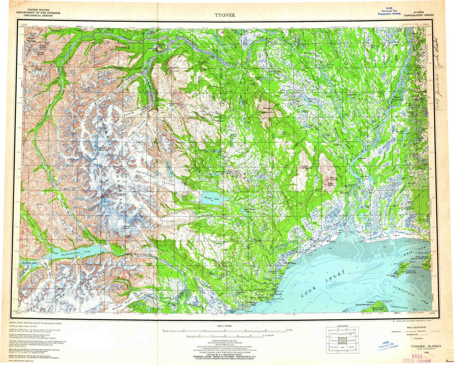 YellowMaps Tyonek AK topo map, 1:250000 Scale, 1 X 3 Degree, Historical, 1958, Updated 1964, 22.5 x 28 in - Polypropylene