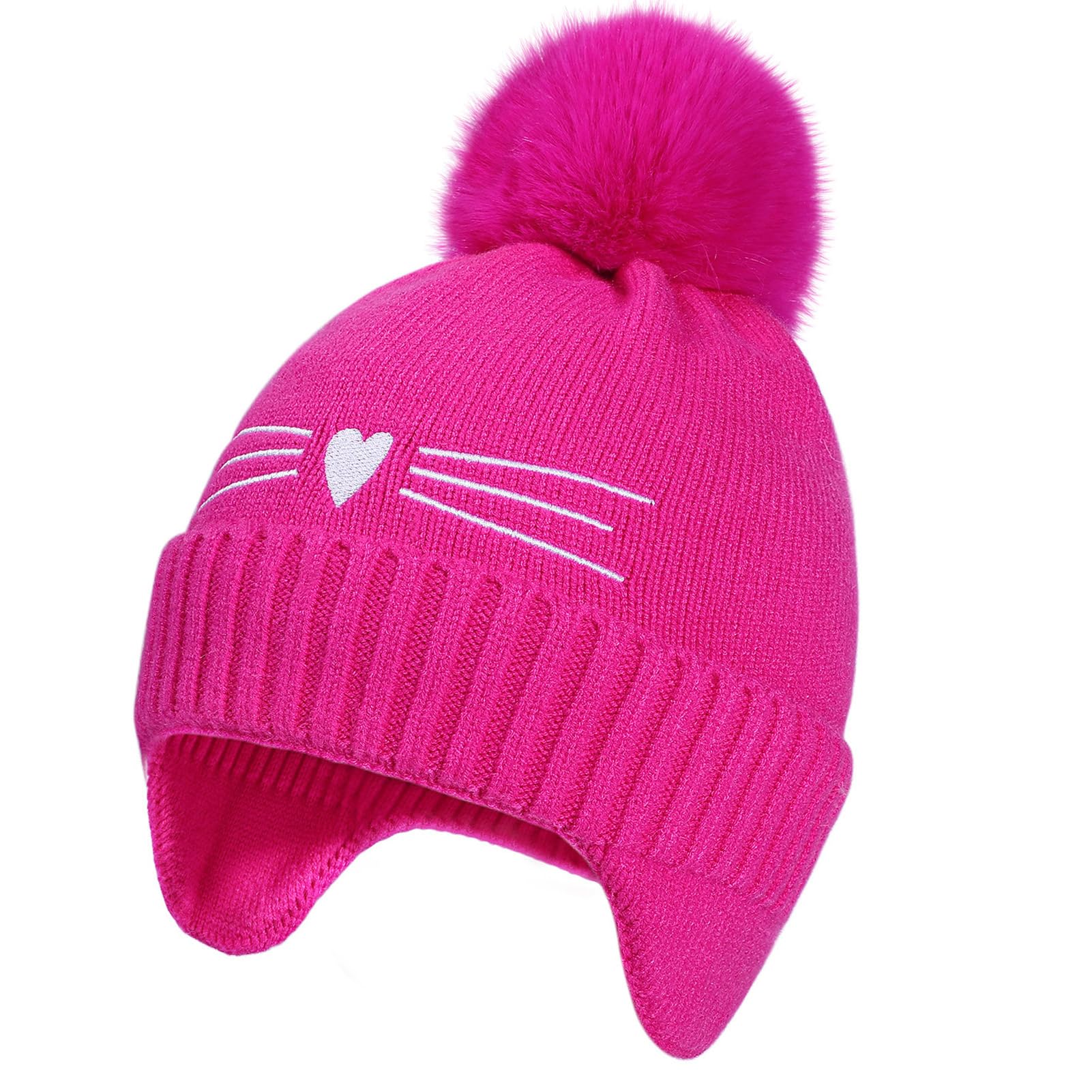 Girls Beanie Knit Hat with Ear Flaps Rainbow Cat Hats Toddler Kids Winter Outdoor Skull Snow Ski Cap Age 2-10