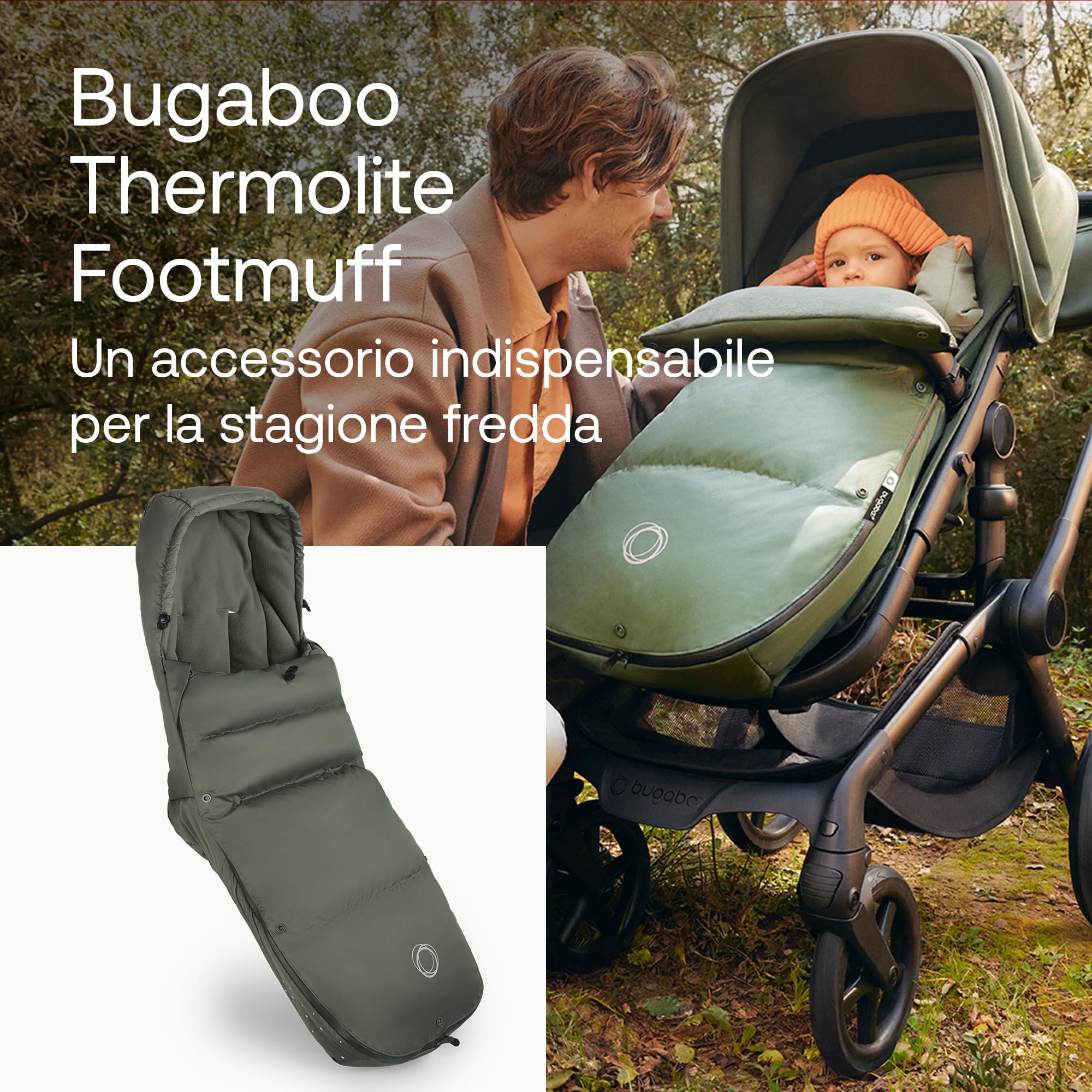 Bugaboo Thermolite Performance Sacco a Pelo da Passeggino o Carrozzina | Inserto Rimovibile, Protezione Scarpe, Cerniere Impermeabili, Imbottitura Calda - Forest Green