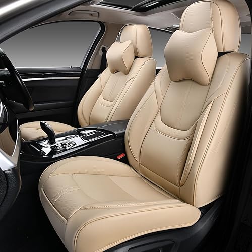 Miniatura 8 de Fundas de asiento de cuero beige, fundas de asiento de automóvil de cuero de 2 asientos, fundas de asiento de cuero impermeables para automóvil y