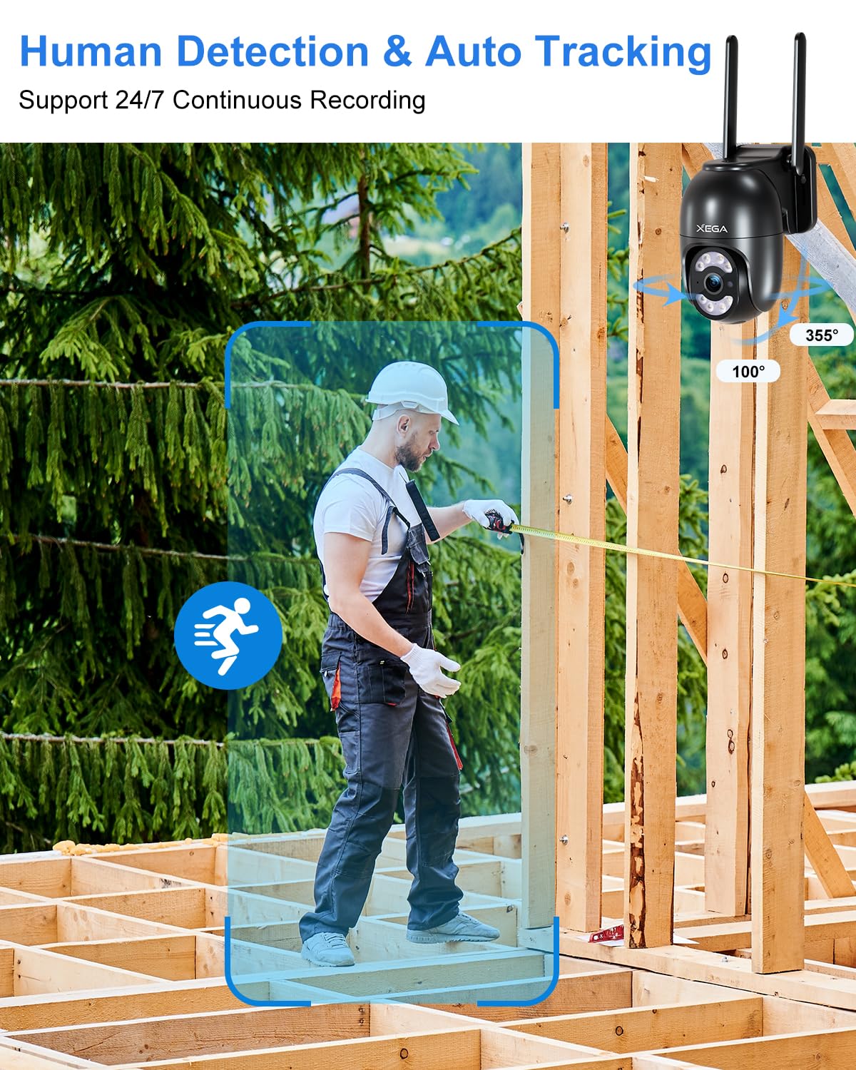 Xega 4G Camara Exterior con Tarjeta SIM, 24/7 Grabación Continua Cámara Vigilancia con Cable, PTZ 355°/100°, Detección Humano Seguimiento Automático Visión Nocturna Luz Sonido Alarma【Carga por Cable】
